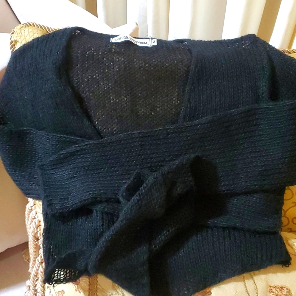 Never Used soft knit black tie short sweater Medium reg.  Long sleeves